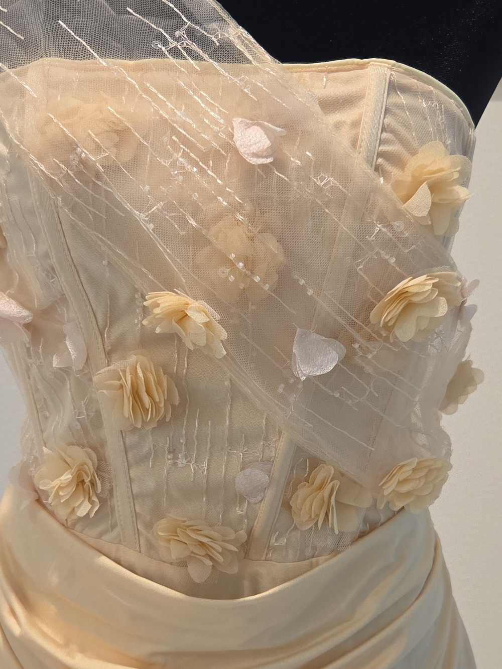Strapless Floral-Appliqué Satin Gown - Picture 3 of 11